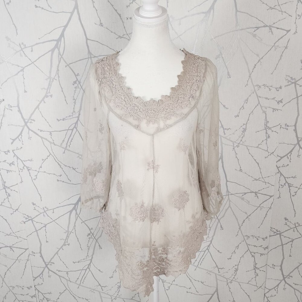 XCVI Ivory Beige Sheer Lace Mesh Round Neck Tunic
